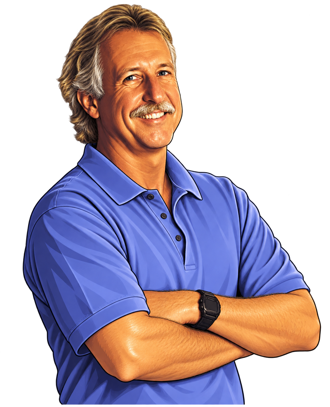 Cartoon portrait of Tom, smiling with his arms crossed