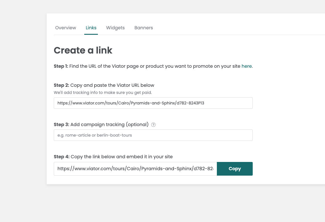 Viator Partner link tool showing Steps 1 through 4 and the finished affiliate link field